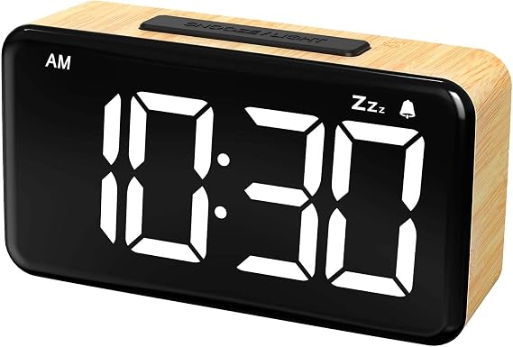Simple Woodgrain Digital Alarm Clock For Bedroom - 5.9in Large LED Display
