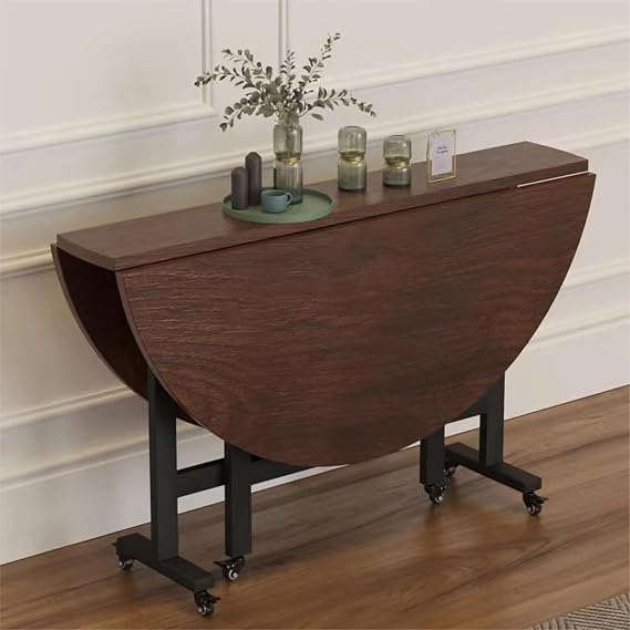 Modern Round Folding Dining Table, Drop Leaf Table with 6 Wheels, Extendable Butterfly Table, Versatile Collapsible Extension Dinner Kitchen Office Desk Table, Space Saving Folding Kitchen Table ( Col