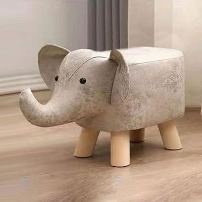 Cute Animal Footstools, Footrest Ottoman with Soft Padded Cushion and Non Slip Feet, Baby Elephant Wood Ottoman Stool Sofa Tea Stool for Decor, Bedroom Grey White