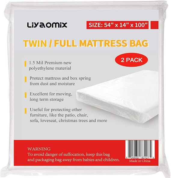 2 Pack Full/Twin Plastic Mattress Bags for Moving Storage, 1.5 Mil 54" x 100" Waterproof Mattress Cover, Disposal Mattress Protector for Moving Supplies