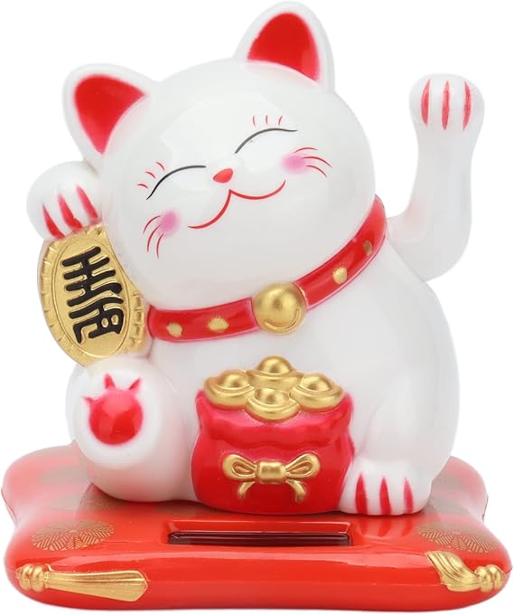 Solar Powered Lucky Cat, Lucky Cat Waving Arm, Chinese Statue Decor for Good Luck, Fortune Money, Business Openings, Home, Office, Car