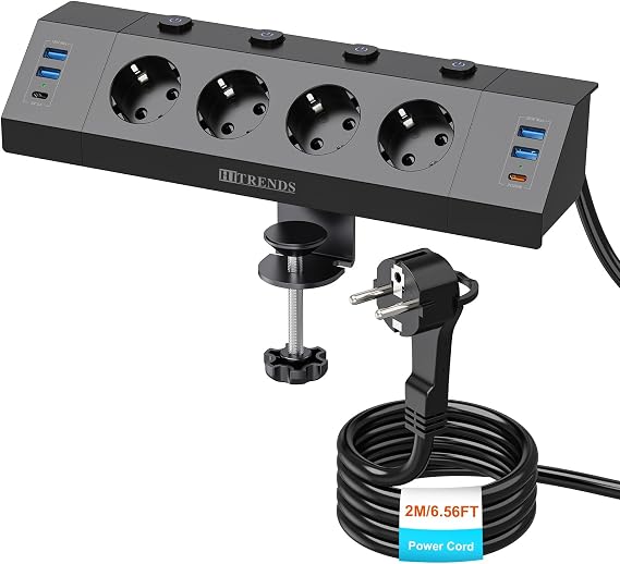 Table Socket Clampable 4-Way Individually Switchable USB C PD 20