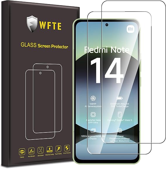 WFTE 2-Pack Tempered Glass for Xiaomi Redmi Note 14 4G Screen Protector,9H Hardness,Anti-Scratch,Anti-Fingerprint,Bubble-Free,HD Clear,Premium Protective Film for Redmi Note 14,Case Friendly
