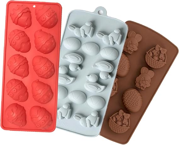 Easter Silicone Egg Molds, 3 Pack Silicone Bunny Shaped Chocolate Candy Jello Cake Baking Pan for Easter Party (Style A)