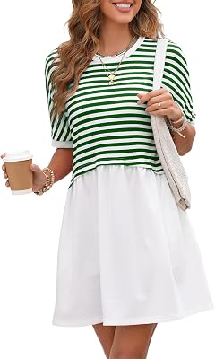 Acelitt Women Casual Summer Short Sleeve Crewneck Striped Dresses Loose Tshirt Dress,S-2XL
