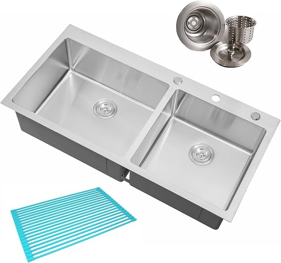 CozyBlock 43 Inch 16-Gauge Stainless Steel Topmount Drop-in 60/40 Double Bowl Kitchen Sink in Brushed Stainless Steel Finish with Silicone Dishrack and Strainer
