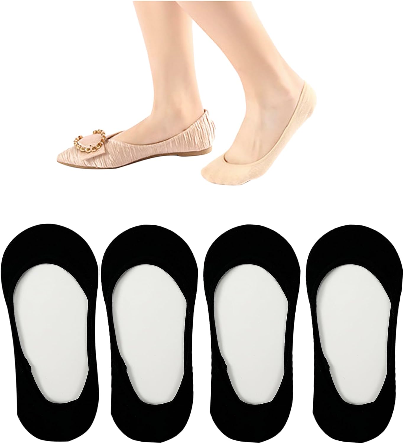 Bestjybt No Show Socks Women Ultra Low Cut Socks Cotton Seamless Non Slip Invisible Liner Footies for Flats 4 Pairs