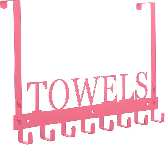 Azmoncy Over The Door Hooks - Wall Mount Towel Hanger with 8 Hooks for Bedroom Bathroom Pool Kitchen Towels, Bag, Coats - Pink