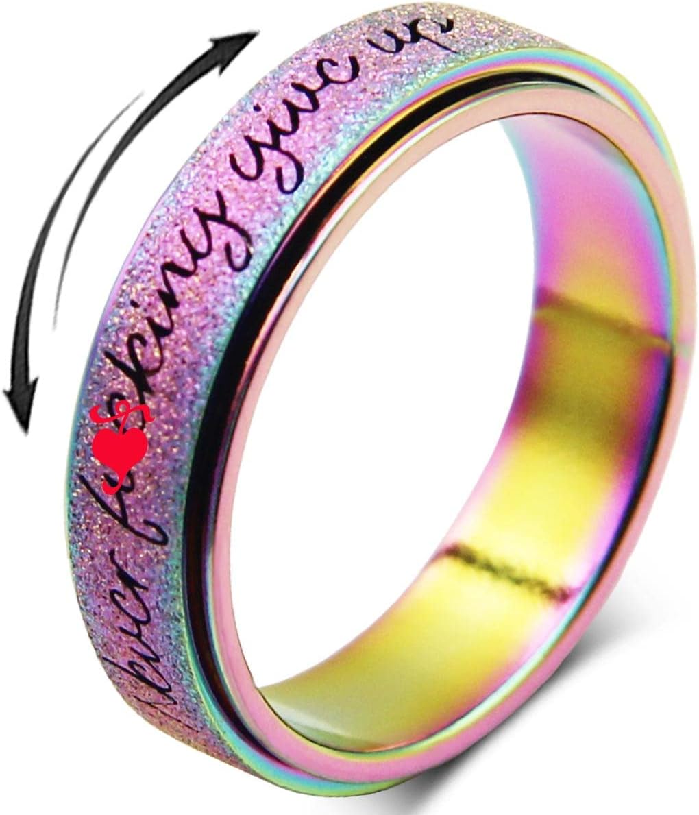 Initial Fidget Spinner Anxiety Ring for Women Fidget Ring Women Men Keep Going Mens Ring Spinning Ring Silver Rainbow Black Figit Ring Stainless Steel Size 6 7 8 9 10