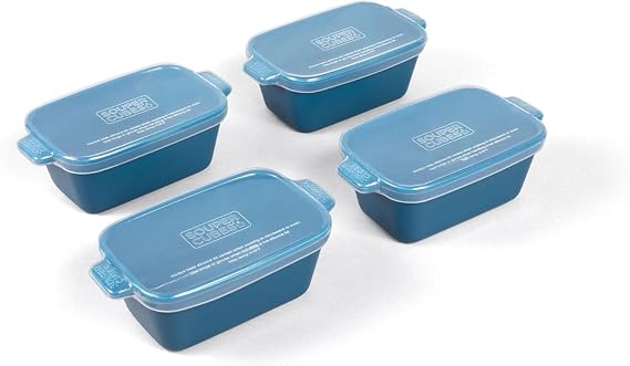Souper Cubes 5"x3" Ceramic Baking Dishes with Lids, Blueberry, 4-Pack | Premium Small Ceramic Baking Dishes with Silicone Lids, Oven, Microwave and Air Fryer Safe, Perfect for Sides and More
