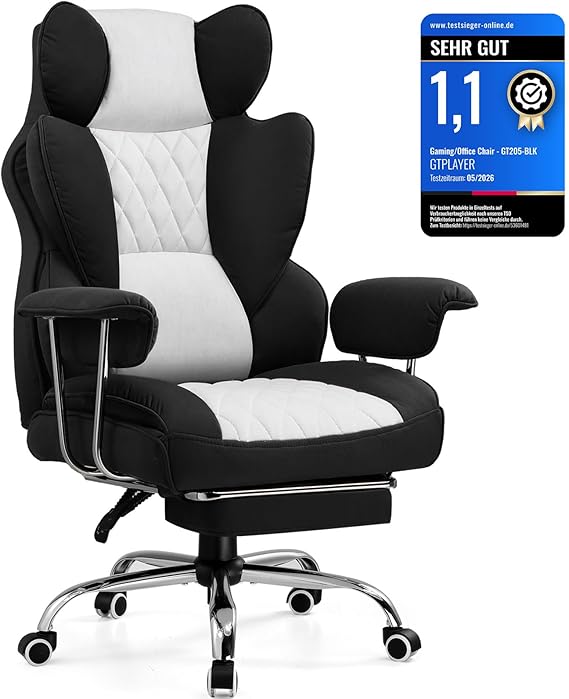GTPLAYER Gaming Chair Office Chair with Pocket Spring Lumbar Support Wide Office Computer Chair with Outward Fixed Soft Armrests and Footrest 180 kg Grey/Black