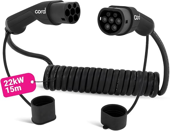 Cord Type 2 to Type 2 EV Coiled Charging Cable, 32amp, 22kW, 15 Metre (usable ~11m), Three Phase