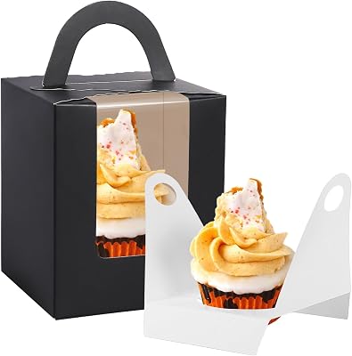 JCD 70Pcs Black Portable Cupcake Boxes Individual with Handle,Individual Cupcake Carrier with window and Insert Muffins Cupcake Carriers Holder Cookie, Dessert, Donuts, CupcakesBlack70Pcs