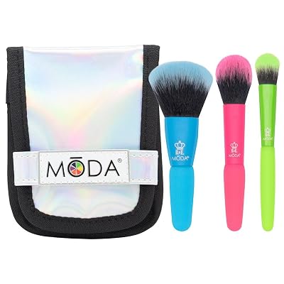 MODA Minis Totally Electirc Face 4pc Makeup Brush Kit Travel-Size Vegan Brushes with Neon Handles for Face & Eyes