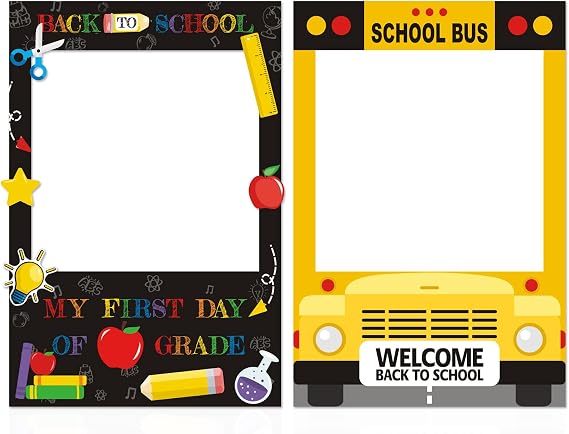 Back to School Photo Booth Frame Welcome First Day of School Selfie Photo Props for New School Year Classroom Decorations School Bus Cutout Frame