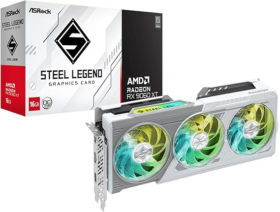 ASRock Radeon RX 9060 XT Steel Legend 16GB GDDR6 OC Graphics Card | 3275 MHz Boost | Triple Fan | 0dB Cooling | Metal Backplate | PCIe 5.0 | DisplayPort 2.1a, HDMI 2.1b
