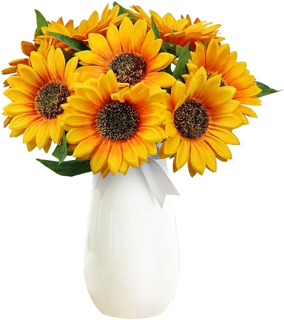 Olrla 10 Pcs Artificial Sunflowers, Single Stem, for Fall Bouquet