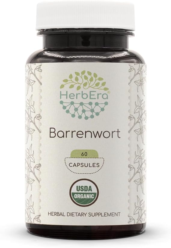 HerbEra Barrenwort USDA Organic 60 Capsules | Natural Herbal Supplement | Certified Organic Vegetarian Capsules and Organic Barrenwort (Epimedium grandiflorum) Dried Leaf (60 Capsules)
