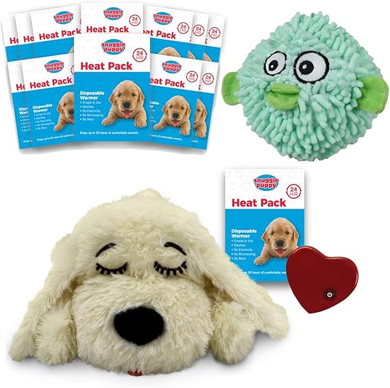 SmartPetLove Snuggle Puppy - Extra Heat Pack and Toy Bundle -  with Snuggle Puppy, Tender-Tuffs Round Pufferfish with Puncture Resistant Squeaker and Extra 12-Pack of Heat Packs for Pets