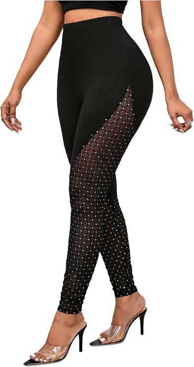 SHENHE Women's High Waist Rhinestone Patchwork Mesh Elegant Leggings