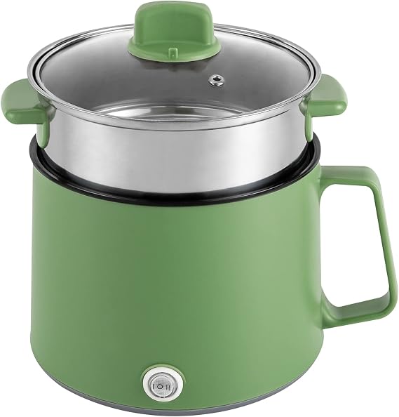 1.7L Versatile Electric Hot Pot with Steamer - Mini Electric Cooker,with Non-Stick Coating for Cooking Noodles Soup Porridge and Oatmeals (17 * 17 * 25cm) (Green)