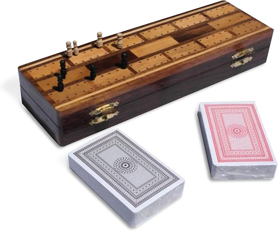 Traditional classic wooden cribbage board with pegs and two packs of playing cards | internal storage area | Retro wooden board set | crib board