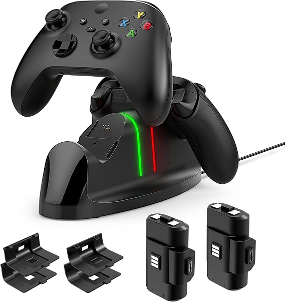 Auarte Controller Charger for Xbox One/Series X|S/Elite Controller | Dual Charging Station Dock, 2x1400mAH (3360mWH) Rechargeable Battery Packs, 4 Covers Included