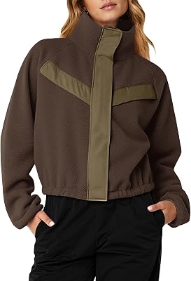 Fisoew Womens Fuzzy Fleece Cropped Jackets 2025 Fall Long Sleeve Zip Up Stand Collar Sherpa Jacket Winter Coats with Pockets