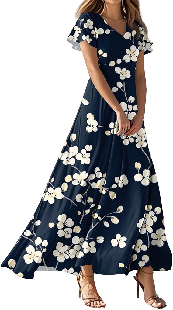 Maxi Dresses for Women,2025 Summer Elegant V Neck Short Sleeve Floral Beach Dress,Flowy Ruched Boho Vacation Dress