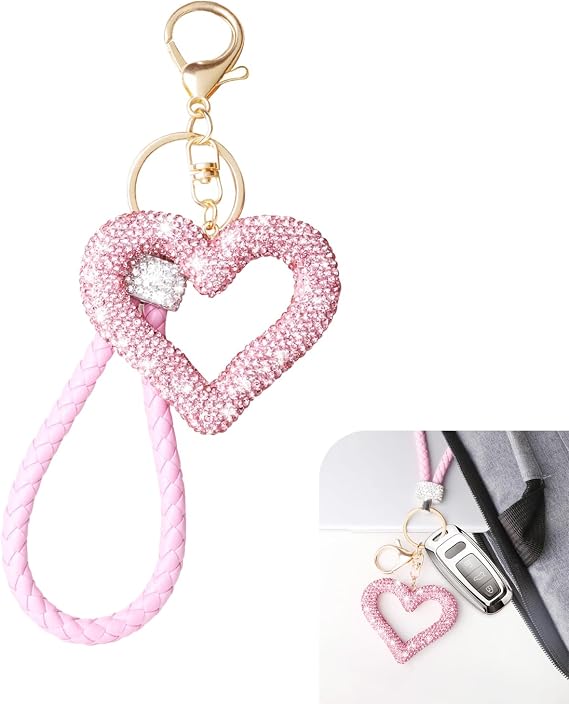 Keychain for Women, Diamond Heart Shape Car Key Ring, Universal Car Accessories, Cute Girls Decorative Pendant (Pink)