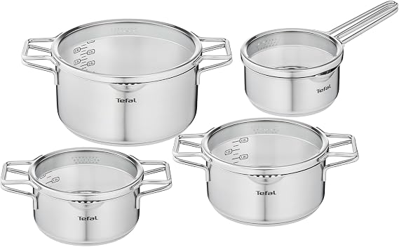 Tefal Nordica H852S855 8-Piece Cookware Set 16 cm Saucepan + 18/20/24 cm Stainless Steel Saucepans + Glass Lid Pourer Easy Drain Induction