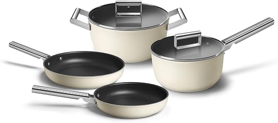 SMEG 6 PC Cookware Set, Cream, 3 QT Sauce pan with lid, 5 QT Casserole with lid, 9.5" Frypan, 11" Frypan Made in Italy