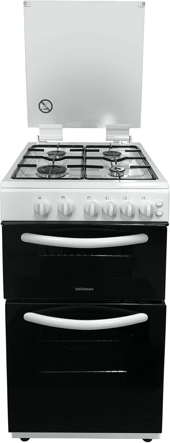 Statesman GTL50W Double Oven Gas Cooker with Glass Lid, 4 Gas Burners, 50cm Wide, White [Energy Class A]