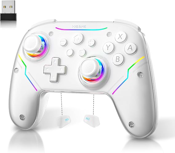 EJGAME Wireless Controller Compatible with Switch/Switch 2/Windows PC/Steam Deck/Android, Switch Pro Controller with Hall Effect Joysticks and Triggers,with USB Bluetooth Adapter for PC (White)