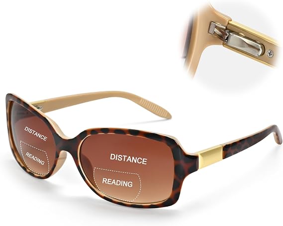JiSoo Reading Sunglasses Bifocal Sunglasses for Women, Retro Square Sun Readers with Spring Hinge