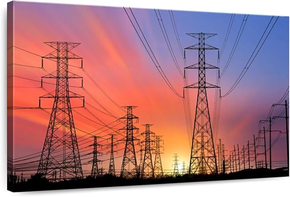 ElephantStock - Electricity Pylons Wall Art - Horizontal Canvas Wall Art - Living Room Wall Decor - Photography Architecture Canvas Art - Orange And Black Decor - 51" x 34"