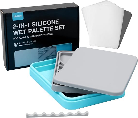 Silicone Stay Wet Palette for Acrylic Miniature Painting, Paint Tray Palettes with Lid, 50PCS Pallet Paper, 2PCS Sponges and A Brush Holder