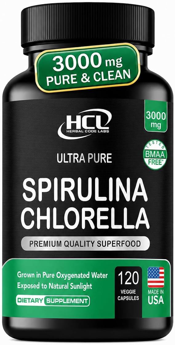 Chlorella Spirulina Powder Capsules 3000 mg of BMAA Free Purest Blue Green Algae - Best Natural Detox Raw Vegan Vitamins Protein Green Superfood - Made in USA