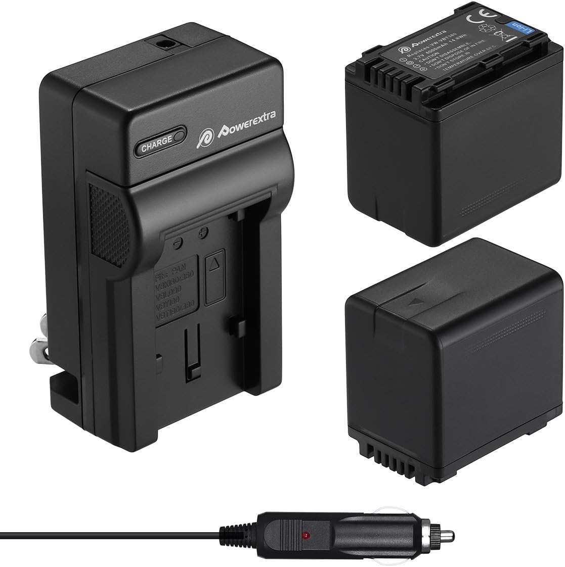 Powerextra 2 Pack Replacement Batteries and Charger for Panasonic VW-VBT380 and Panasonic HC-V250, HC-V380, HC-V510, HC-V520, HC-V710, HC-V720, HC-V750, HC-V770, HC-VX870, HC-VX981K, HC-WXF991K