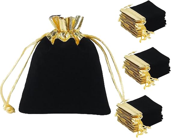 zmgmsmh 4x4.8 Inch Black 30 pcs Drawstring Velvet Gift Bags with Gold Edge Pouches for Small Gift Jewelry Pouches Wedding Favors Candy Bag Dice Bags (4x4.8 Inch black)