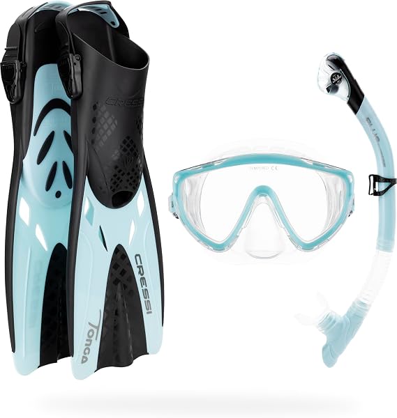 Cressi Snorkeling Set- Short Adjustable Fins, Silicone Mask, and Dry Snorkel- Compact for Travel- Adventure Set- Designed in Italy