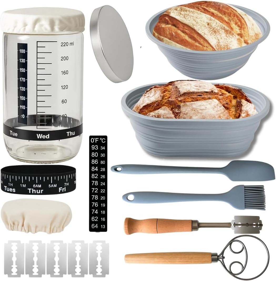 Sourdough Starter Kit for Beginner, 1000ml Sourdough Starter Jar, 2 Bread Proofing Baskets, Thermometer, Feeding Time Tracker, Silicone Scraper, Complete Sourdough Bread Baking Essentials