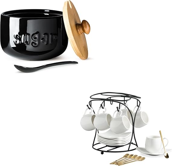 LYEOBOH Black Sugar Bowl 17 OZ Sugar Jar and Espresso Cups 3 OZ, Set of 6, White