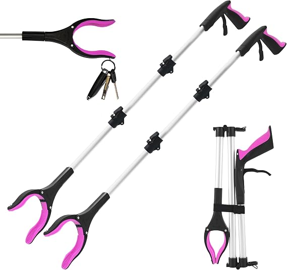 Grabber Reacher Tool for Seniors, 36" Foldable Reacher Grabbers Pickup Stick with Anti-Slip 360 Rotating Jaw, with Magnet for Disabled, After Surgery Recovery (Pink, 36inch 2pack)
