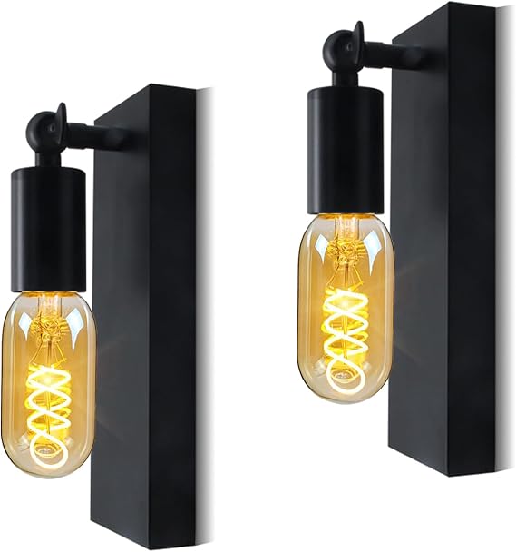 2 Pack Wall Lights for Bedroom, E27 Indoor Vintage Wall Lamp, Bedside Wall Light, Industrial Metal Wall Sconce, Rotatable Wall Spotlight for Living Room, Bathroom Vanity Light, Black, No Bulb [Energy Class E]