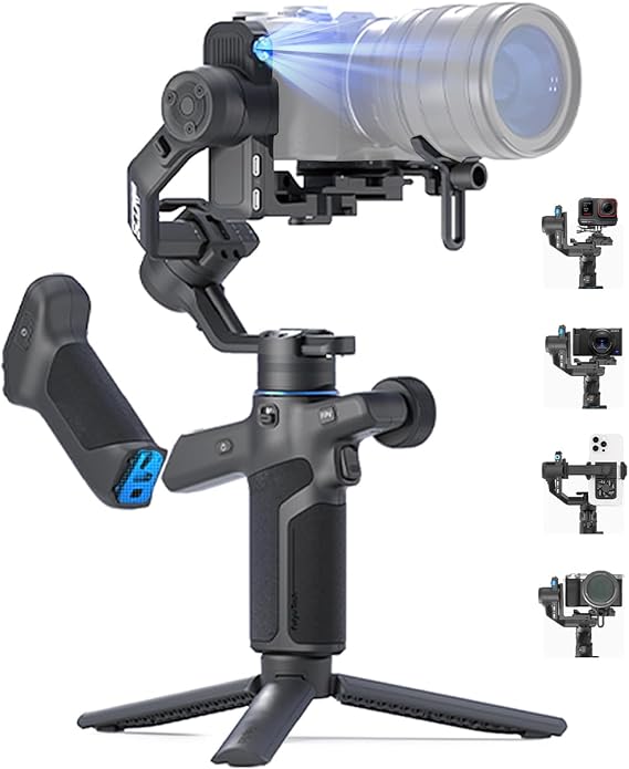 FeiyuTech SCORP Mini-3 PRO Camera Gimbal Stabilizer, 4.8 lbs 2.0 kg Load Capacity, Built-in AI, 3-Axis Image Stabilization, SLR, Mirrorless, Compact Camera, Action Cam, Smartphone Compatible, iPhone, Split Wireless Handle, Remote Control, Equipped with Zoom Knob, Lightweight Design, Auto Axis Lock, Low Angle Smartphone / SLR / GoPro Compatible