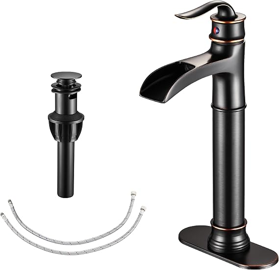 FRANSITON Tall Vessel Waterfall Faucet Bathroom Faucet Single Handle One Hole Oil Rubbed Bronze Finish Large Spout Lavatory Faucets Oil Rubbed Bronze