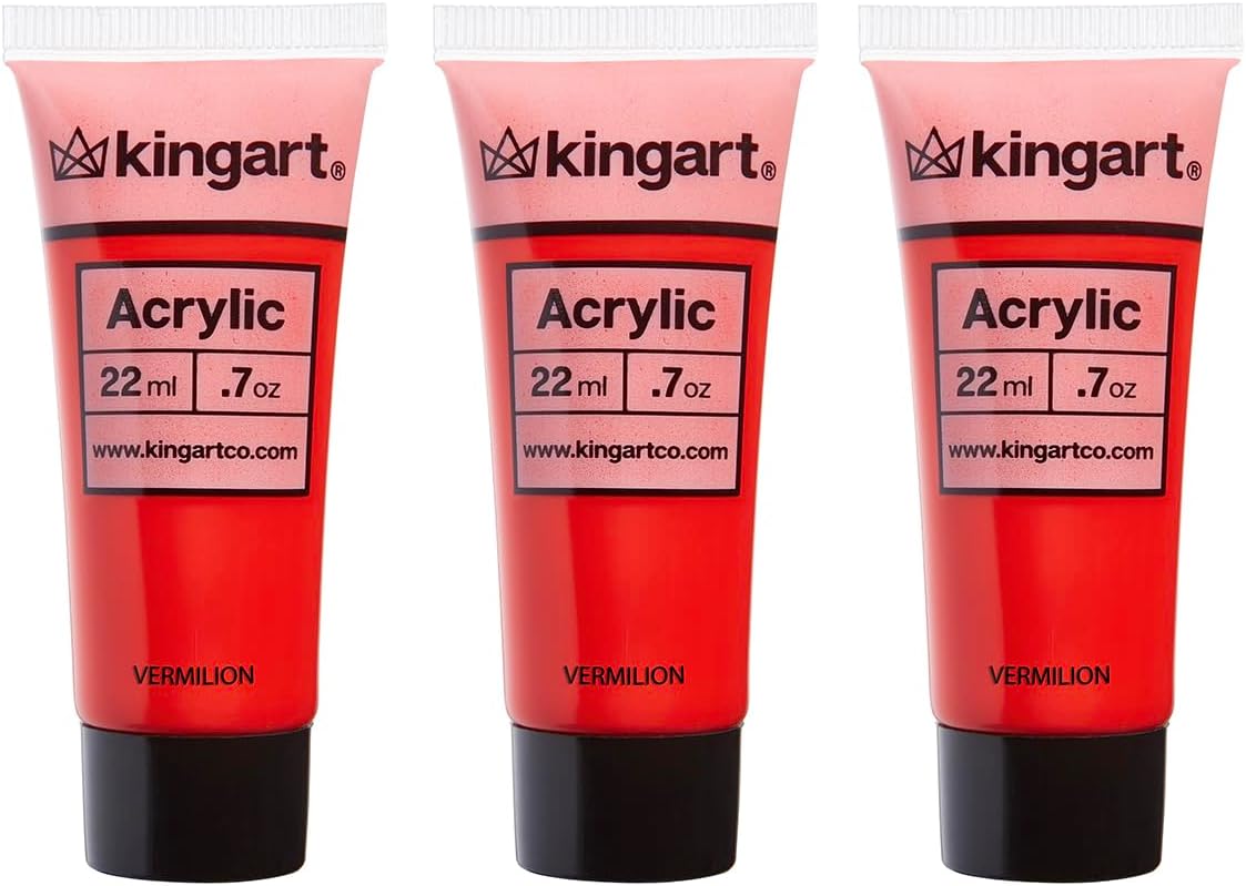 KINGART PRO Artist Quality VERMILION Acrylic Paint, 22ml 0.74oz Tubes, 3 Pack - Set 66ml Total, Vermilion Red