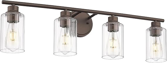 Emliviar 31-Inch 4-Light Bathroom Vanity Lamp, YE295B-4W ORB | Oil-Rubbed Bronze Metal Fixture with Fluted Ripple Glass Shades, Four E26 Sockets, ETL Listing, Bulbs Not Included