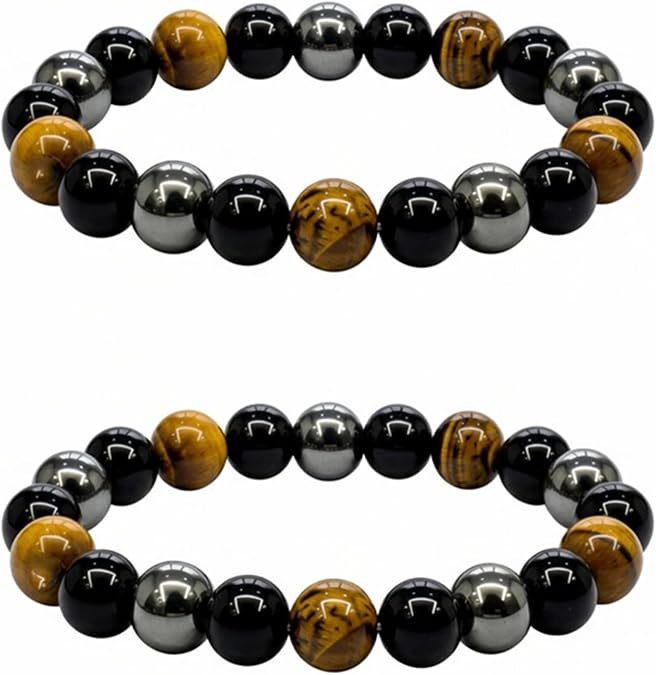Triple Protection Bracelet for Bring Luck and Prosperity Hematite Black Obsidian Tiger Eye Stone Bracelets for Men Women, Beaded Buddha Healing Rope Uni Bracelet (2pcs)